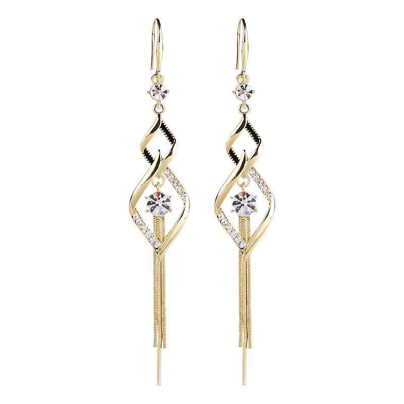 Manufacture New Design Pave Glass Stone 2 Layered Diamond Shape Pendant Snake Tassel Drop Earrings for Female