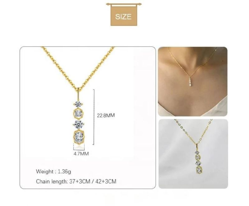 25 Sterling Silver Square Bar Zircon Pendant 14K Gold Plated Necklace Women Light Luxury Fashion Jewelry