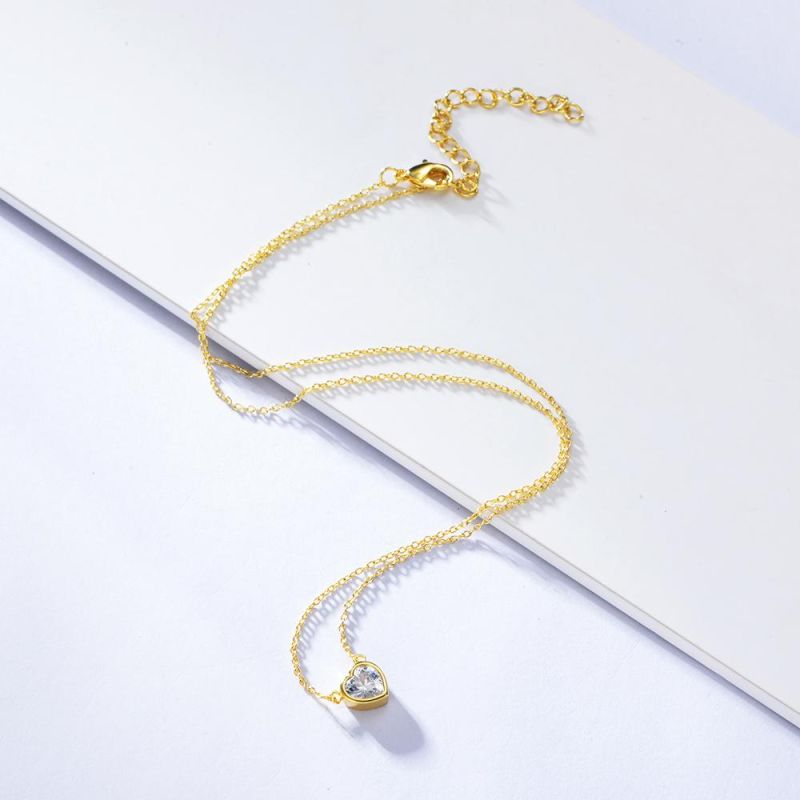 Minimalist Heart-Shaped Bezel Zircon Love Sterling Silver 925 Pendant Charm Necklace for Temperament Girls
