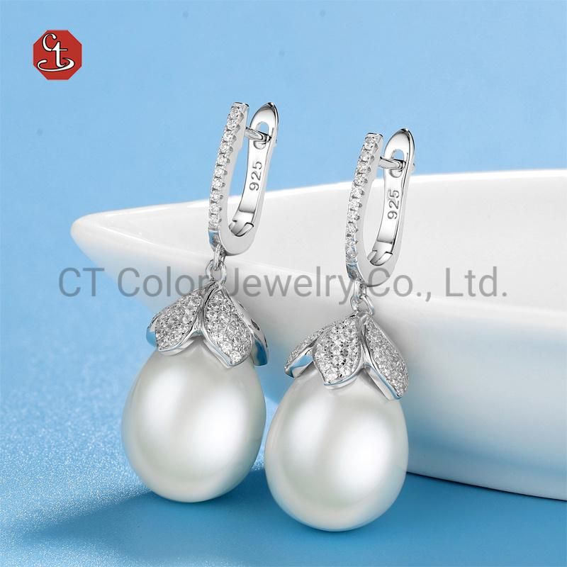 Fashion Jewelry High Quality 925 Silver White Plated Shell Pearl Drop Earring