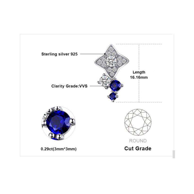 Moon and Star Created Blue Sapphire Asymmetric Studs Earrings Sterling Silver Jewelry