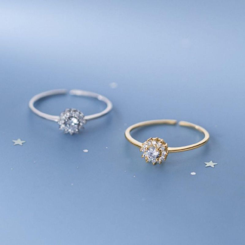 925 Sterling Silver Ring Sunflower with Zircon Adjustable Ring CZ Ring for Women Wedding Anniversary Jewelry