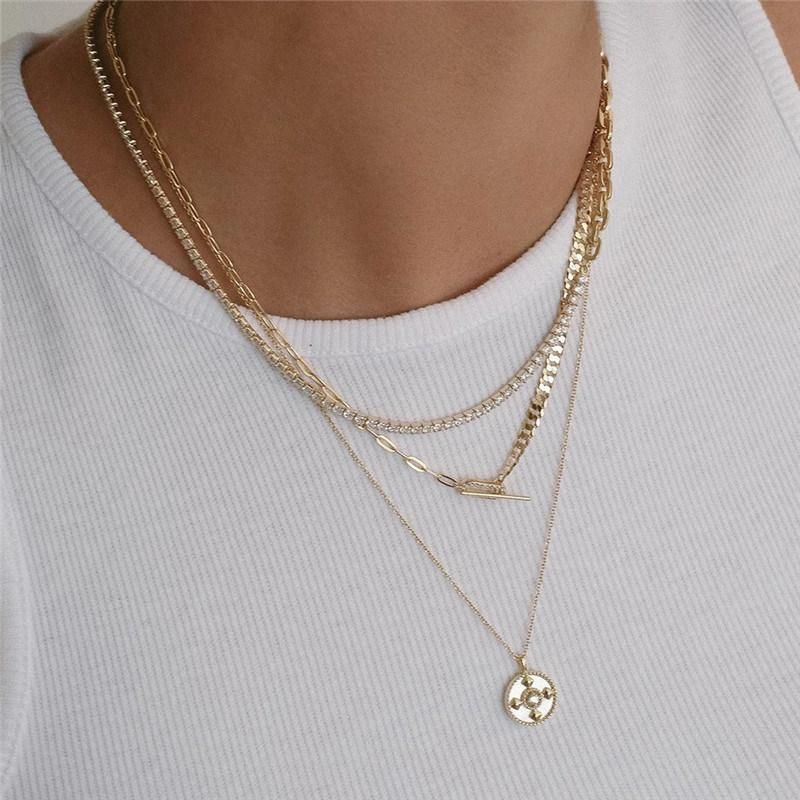 European and American Gold Personality Retro Cut out Round Pendant Novel Cross Inside Single Row Chain Fashion Jewellery Necklace for Women