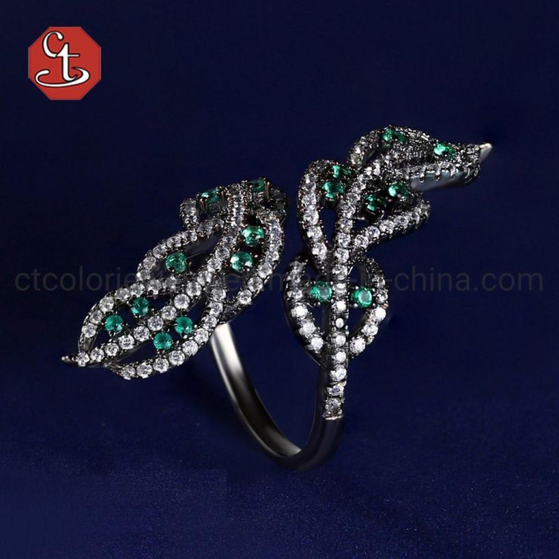 Leaf Shape CZ Silver Open Rings Brass Adjustable Ring Jewelry