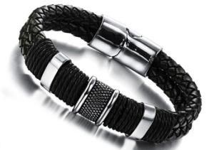 Hot Sale Black Braided Leather Bracelets Stainless Steel Magnetic Buckle Bracelets&Bangles for Men Boyfirend