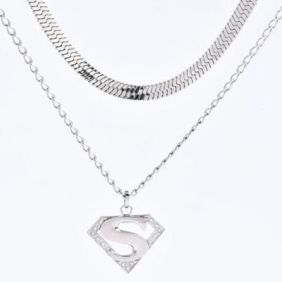 Silver Color Stainless Steel Inverted Triangle Letter Super S Pendant Double Layer Snake Necklace for Men Leisure Costume Wearing