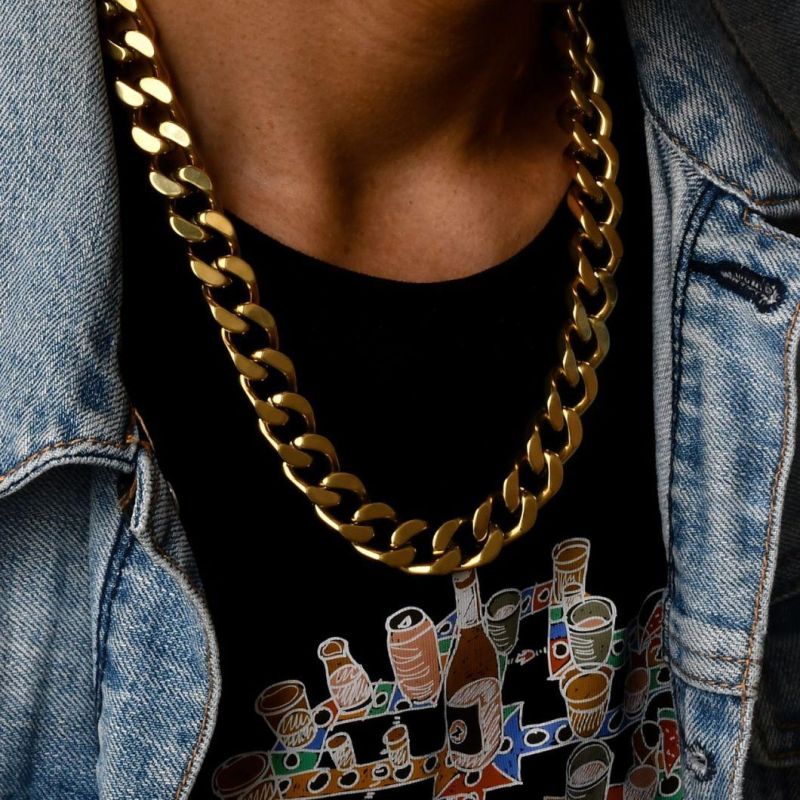 Street-Wear 18K Gold Miami Chunky Cuban Link Chain Box Clasp Stainless Steel Hip Hop Necklace for Men