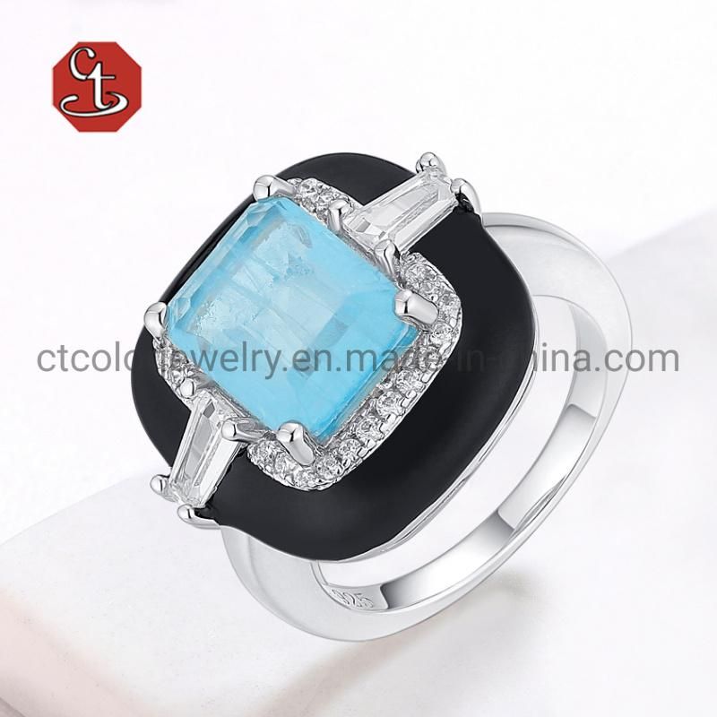 Fashion Jewelry  Design 925 Silver Colored Square Stone Enamel Jewelry Ring