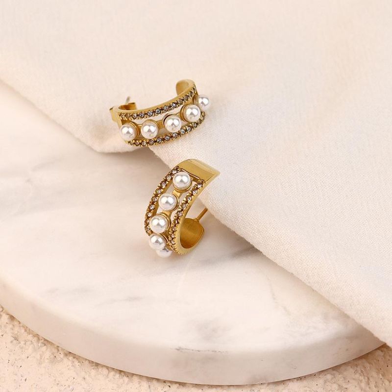 3 Designs Stainless Steel Cubic Zircon Twisted Wide Chunky Hoop Earrings 18K Gold Plated Pearl Earrings Statement Jewelry 2022