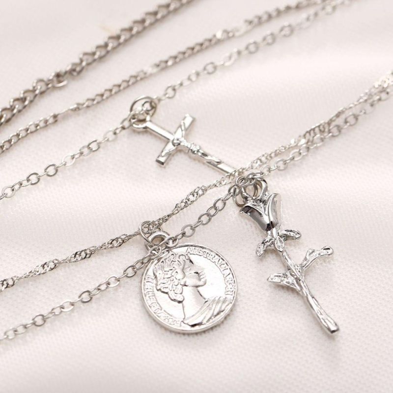 Cross-Border Creative Retro New Fashion Cross Rose Multilayer 5 Layer Necklace Women