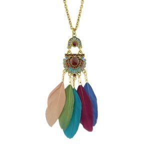 Gold-Color Chain Colorful Enamel and Feather Pendant Necklace for Women