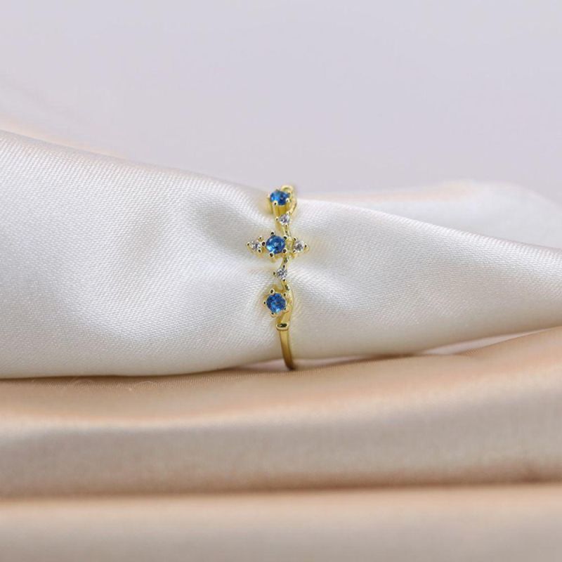 925 Sterling Silver 14K Gold Plated Blue Crystal Crown Ring Women Classic Cute Proposal Party Jewelry