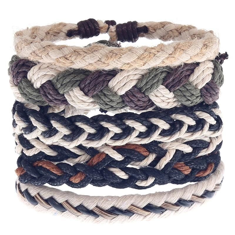 Leather Braided Bracelets for Men Wrap Wood Beads Bracelet Woven Ethnic Tribal Rope Wristbands Bracelets Set Adjustable