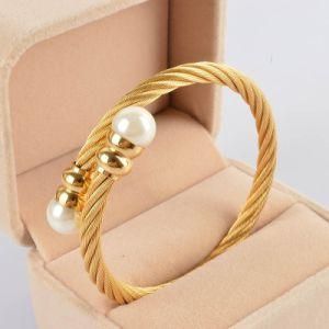 Gold Color Open Stainless Steel Wire Cable Bangle Pearl Bracelet