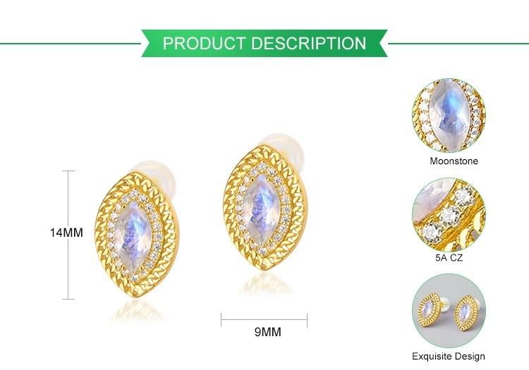 Popular Marquise Gemstone Women 14K Gold Plated Natural Rainbow Moonstone Stud Earrings