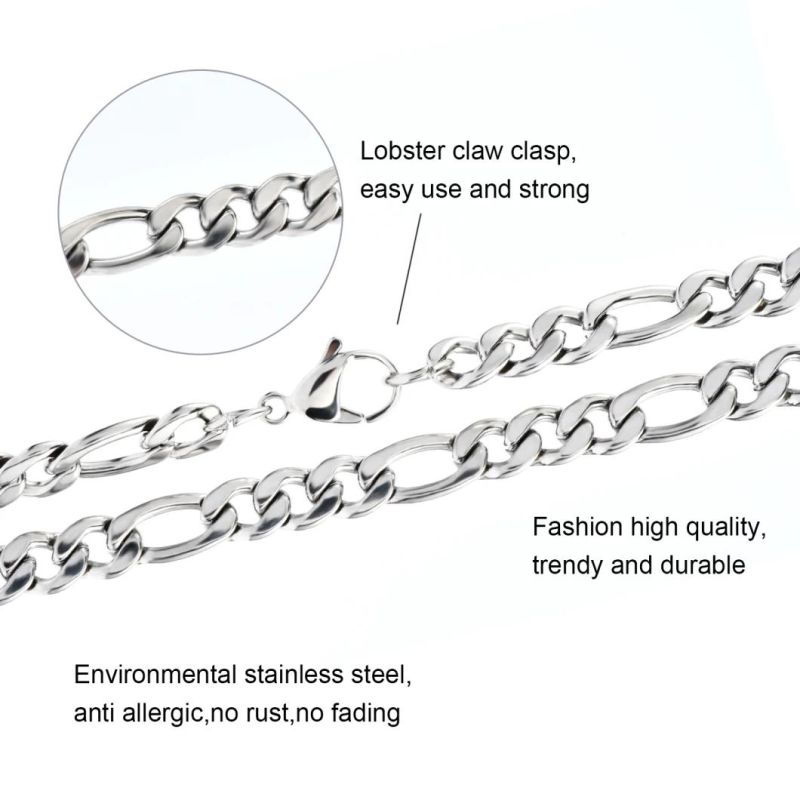 Wholesale Choker 18K Gold Plated Stainless Steel Figaro 3: 1 Long and Short Nk Chain Necklace for Men