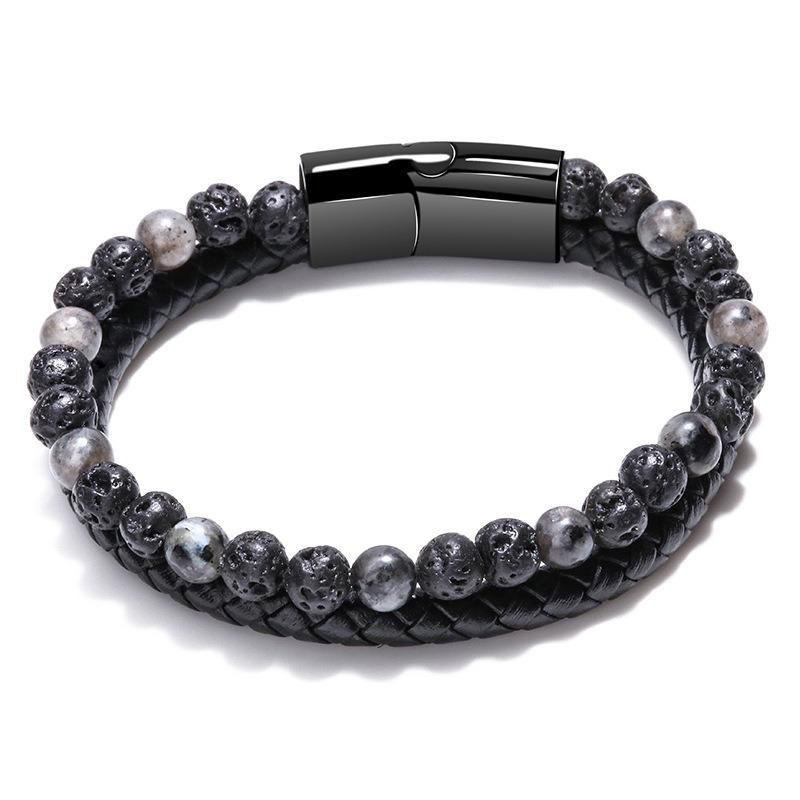Men Stainless Steel Clasp Punk Leather Braided Beads Bracelet Jewellery