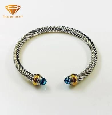 DIY Titanium Steel Bangle Women&prime;s Two Tone 18K Gold Electroplated Stainless Steel Wire Rope Bracelet Simple Diamond Open Bracelet Bg0170