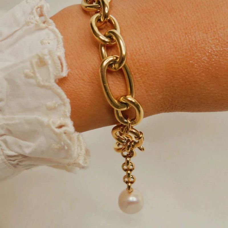 Manufacturer Custom Fashion Jewelry High Quality Non Fade Jewelry Waterproof Stainless Steel Bracelet Gold Plated Chain Pearl Bracelet