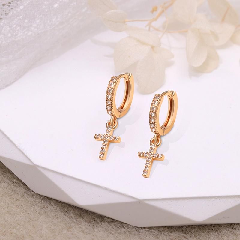 Brass Zirconia 18K Gold Fashion Cross Dorp Hoop Earrings