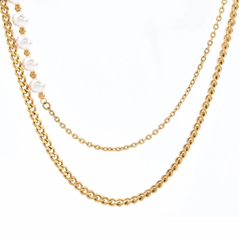 Stainless Steel Jwellery Gold Plated Classic Layer Modern Fresh Pearl Nk Cable Crossed Chain Necklace for Ladies