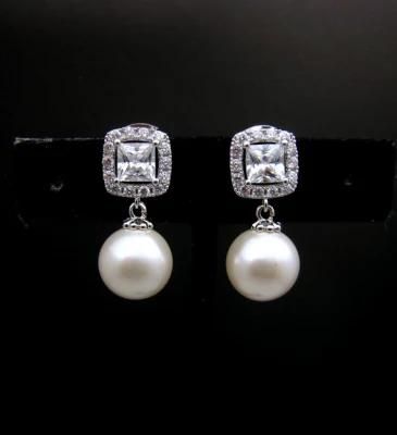 Wedding CZ Earring, Bridal CZ Earring, Wedding Pearl Jewelry, Bridal Pearl Jewelry