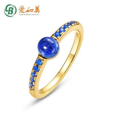 Women 925 Sterling Silver Stone Ring Trendy Gold Plating Lazurite Blue Spinel Ring