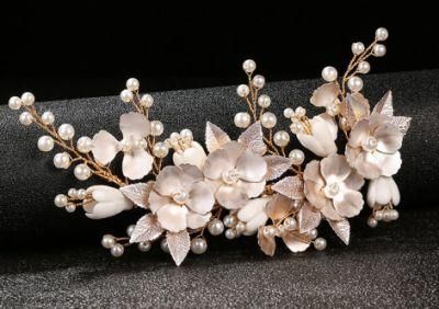 Bridal Wedding Rose Gold Enamel Flower Hair Comb Hair Clip Headpiece, Bridal Pearl Headpiece