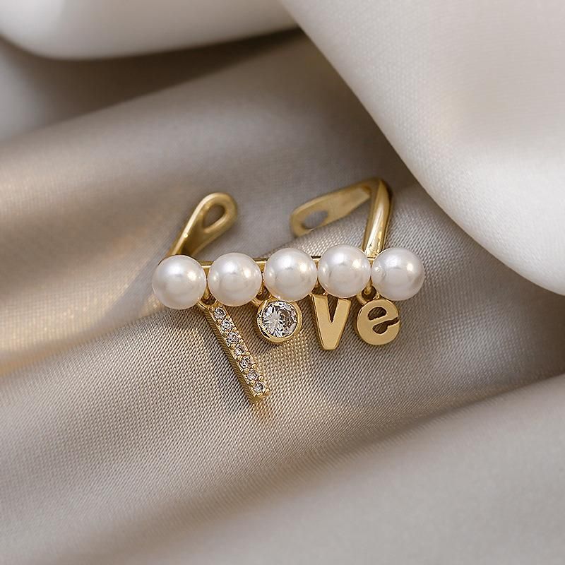 Love Brasss Plated Pearl Open Ring Letter Ring Jewelry