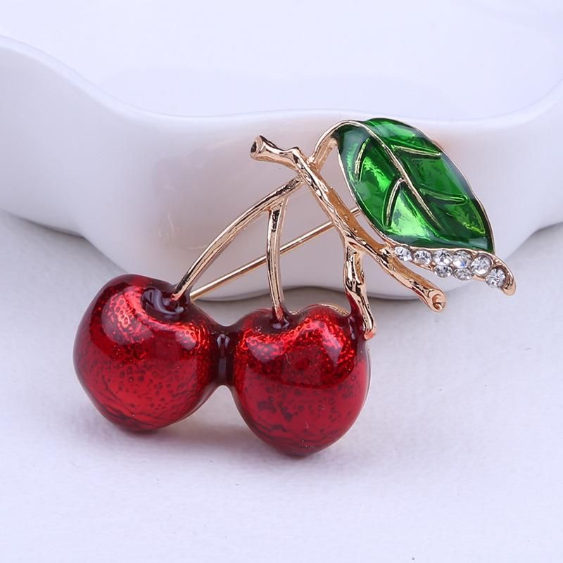 Enamel Fashion Windbreaker Green Leaf Cherry Series Brooch Flower Factory Direct Sales