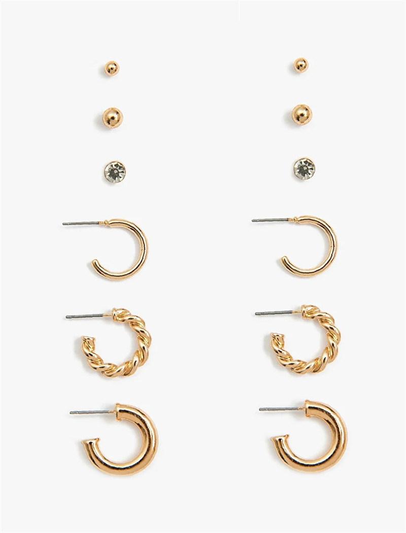 Manufacture Basic 6 Pairs Stud and Hoop Multı Ple Earings with Crystal Glass Stone and Metal Ball Earring