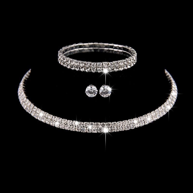 Silver Color Circle Crystal Rhinestone Wedding Jewelry Necklace Earrings Bracelet Sets