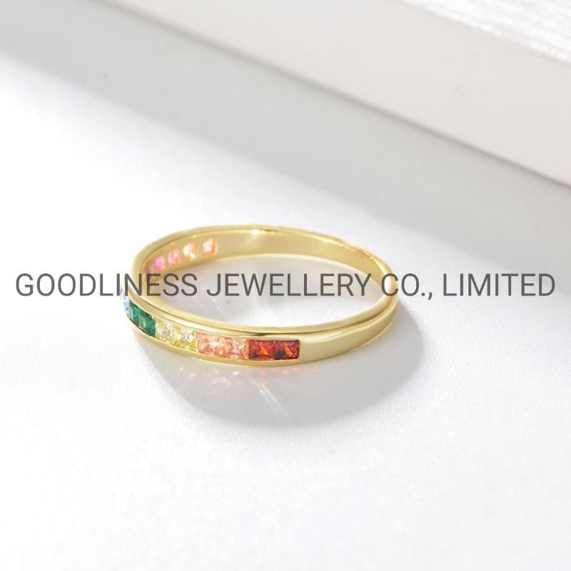 925 Sterling Silver Fine Jewelry Simple Rainbow Color CZ Rings