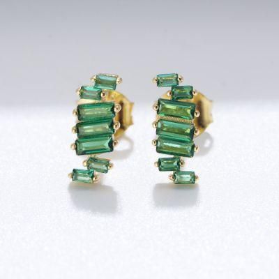 Popular 925 Silver Plated Jewelry Women Gift Square Emerald CZ Stud Earrings