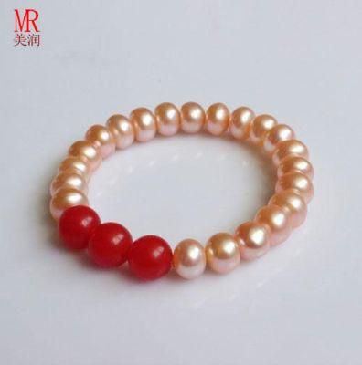 Natural Freshwater Pearl with Red Agate Stretched Bracelet (EB1576)