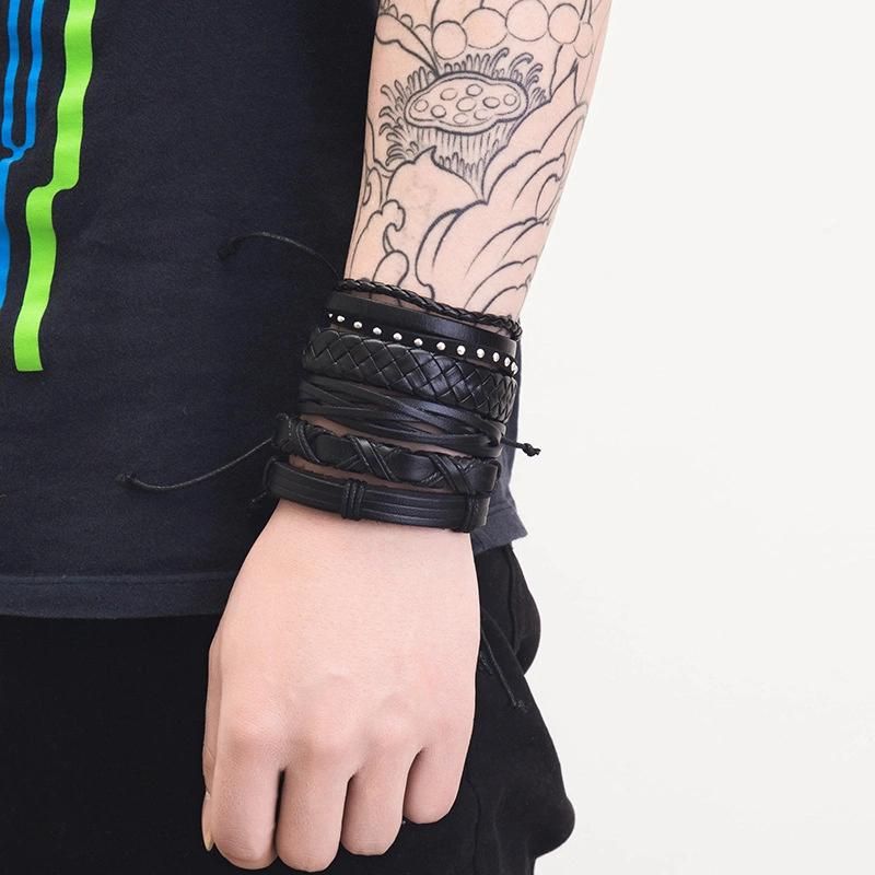 Leather Cuff Bracelet for Men and Women Punk Rock Braided Bracelet Via Brown Black Wristband Handmade Jewelry 4 Pieces