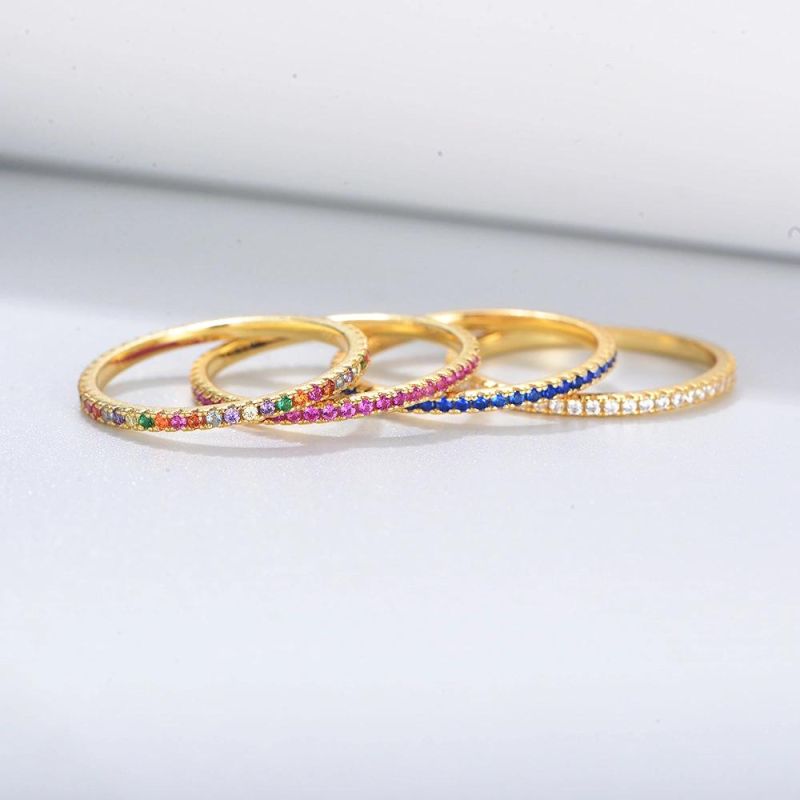 Ss925 Women Ring Jewelry Rainbow Zirconia CZ Stackable Band Ring