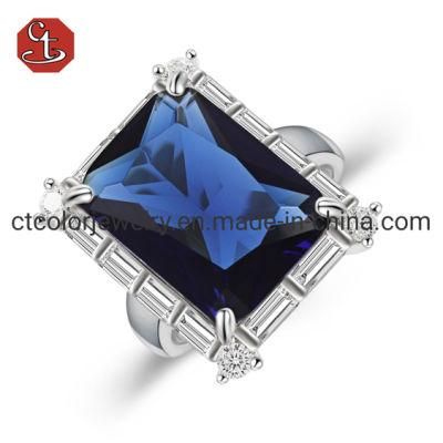 Fashion 925 Sterling Silver Jewelry Created Gemstone Blue Sapphire Ring for Women