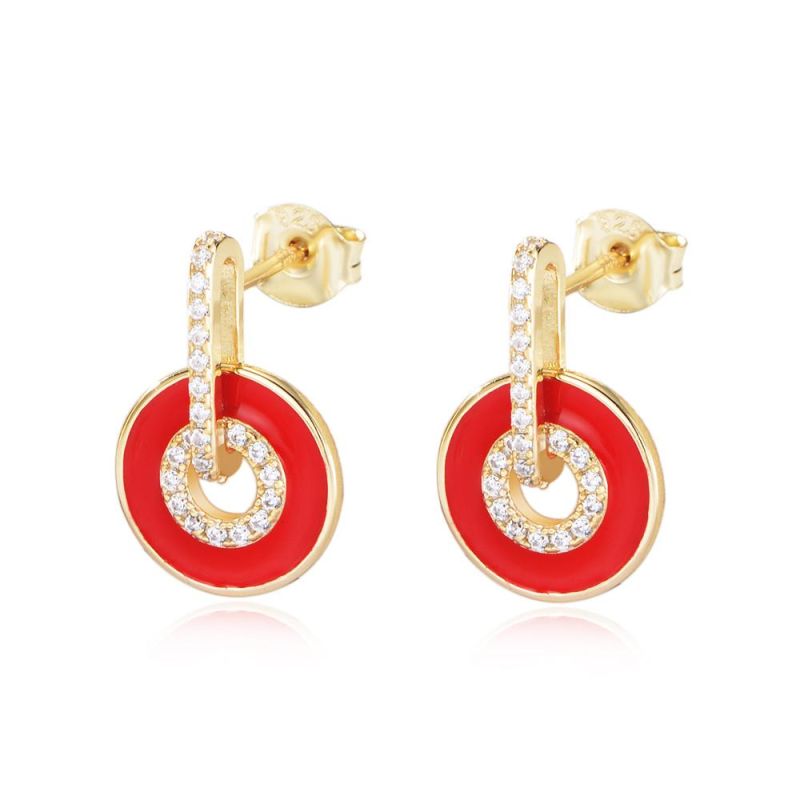Exquisite 925 Sterling Silver Gold Plated Cubic Zirconia Enamel Circle Stud Earring
