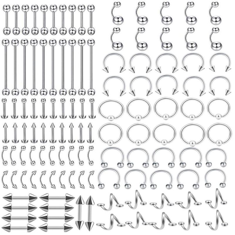 120PCS Silver Jewelry Sets Nose Rings Hoop 316L Steel Nipple Nose Eyebrow Helix Tragus Cartilage Septum Piercing Jewelry Set