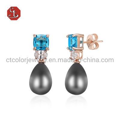 Fashion18K Rose Gold Earrings Jewelry Blue CZ and Black Pearl Earrings