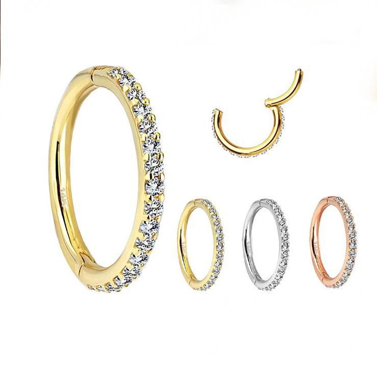 14 Karat Solid Gold Paved Half Circle Hinged Segment Hoop Ring Body Piercing Jewelry