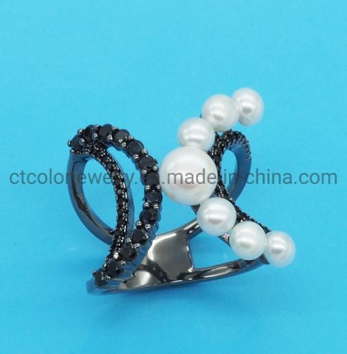 Fashion Jewelry 925 Sterling Silver Creative Design Ring with CZ and Pearl Fashion Customized Jewellery