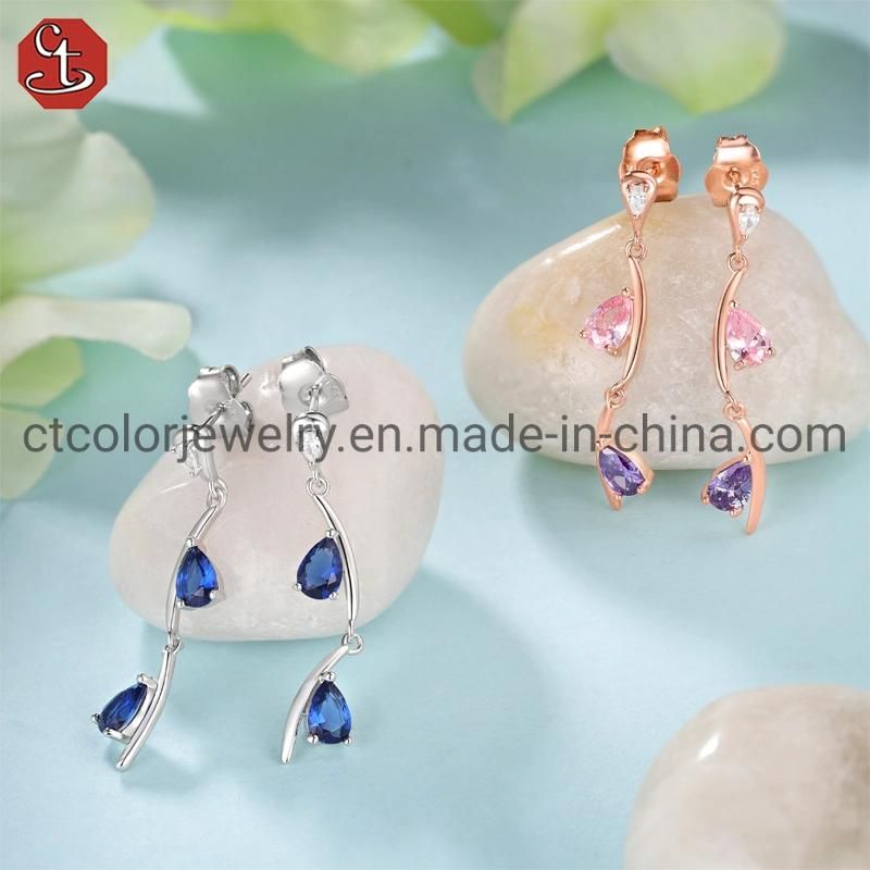 Fashion Jewelry 925 Sterling Silver Cubic Zirconia Classic Gem Blue Stone Earrings