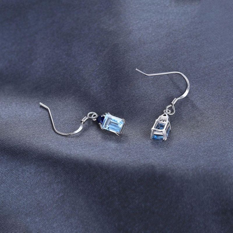 Sky Blue Topaz Created Blue Sapphire Drop Earrings Emerald Cut Gemstone Silver Jewelry