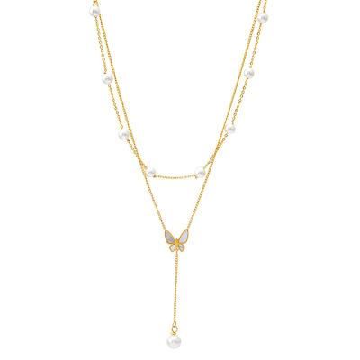Factory Wholesale Fashion Jewelry Fashion Jewelry Double-Layer Chain Stainless Steel Plated Double-Layer Pearl Necklace