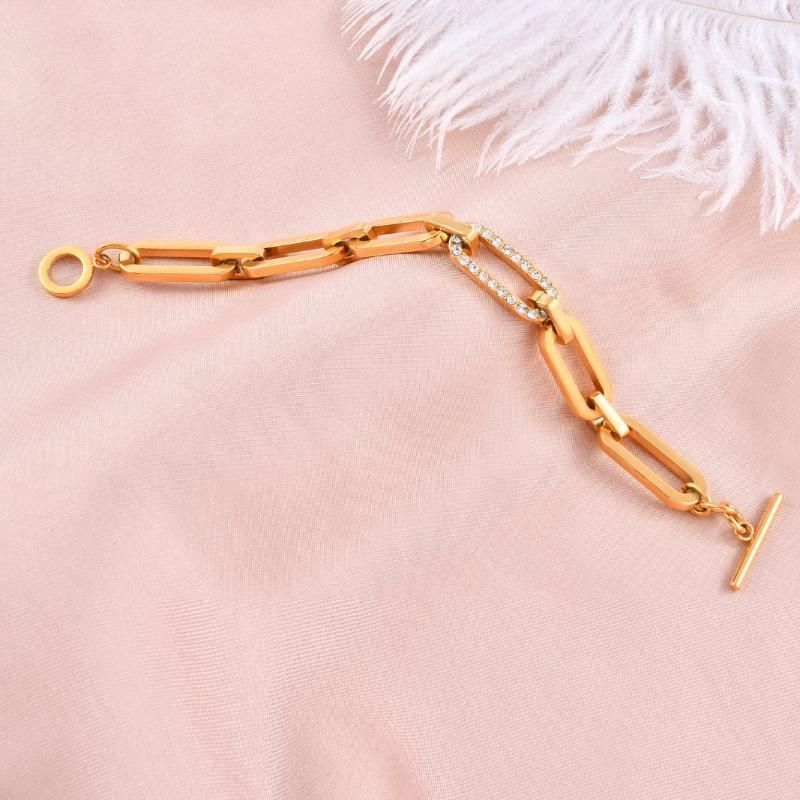 Gold Plated Not Allergic Thick Paper Clip Bracelet with Zircon Stone/ Crystal for Ladies Women