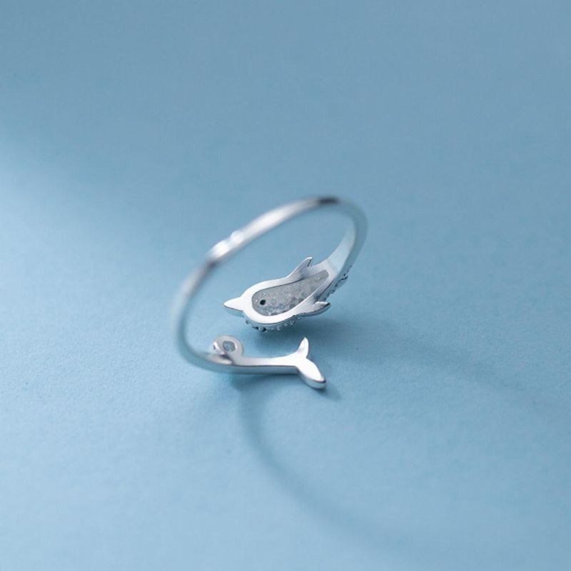 925 Sterling Silver Ring Cute Animal Dophin with Zircon Adjustable Ring for Women Engagement Fine Jewelry