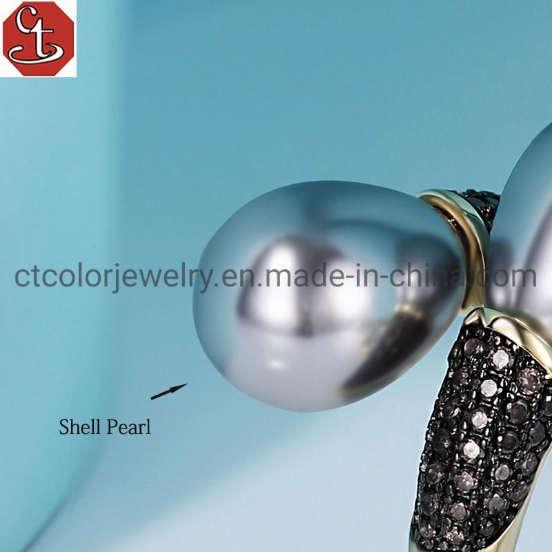Wholesale Fashion Accessories Jewelry Gray Pearl Rings Shell Pearl Silver Rings for Women
