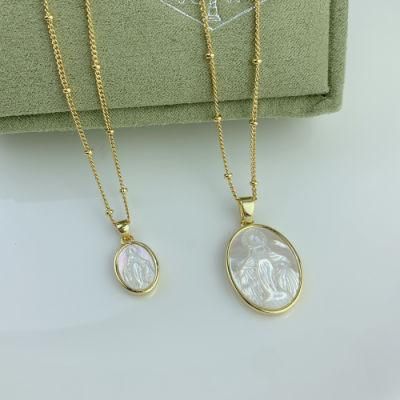 Natural Mop Shell Jewelry in Round Shape Religious Statue Necklace for Mother&prime;s Day Gift